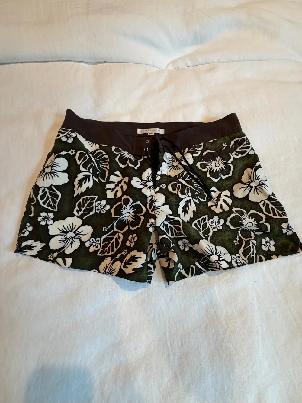Parke & Ronen Brown & Green Floral Swim Shorts with White Accents